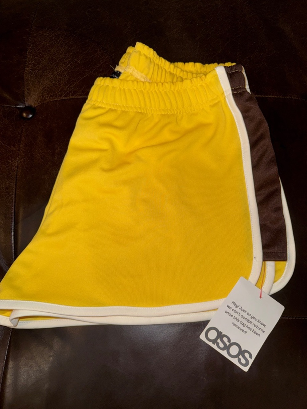 ASOS Yellow Athletic Drawstring Shorts with White Trim and brown - Picture 7 of 7